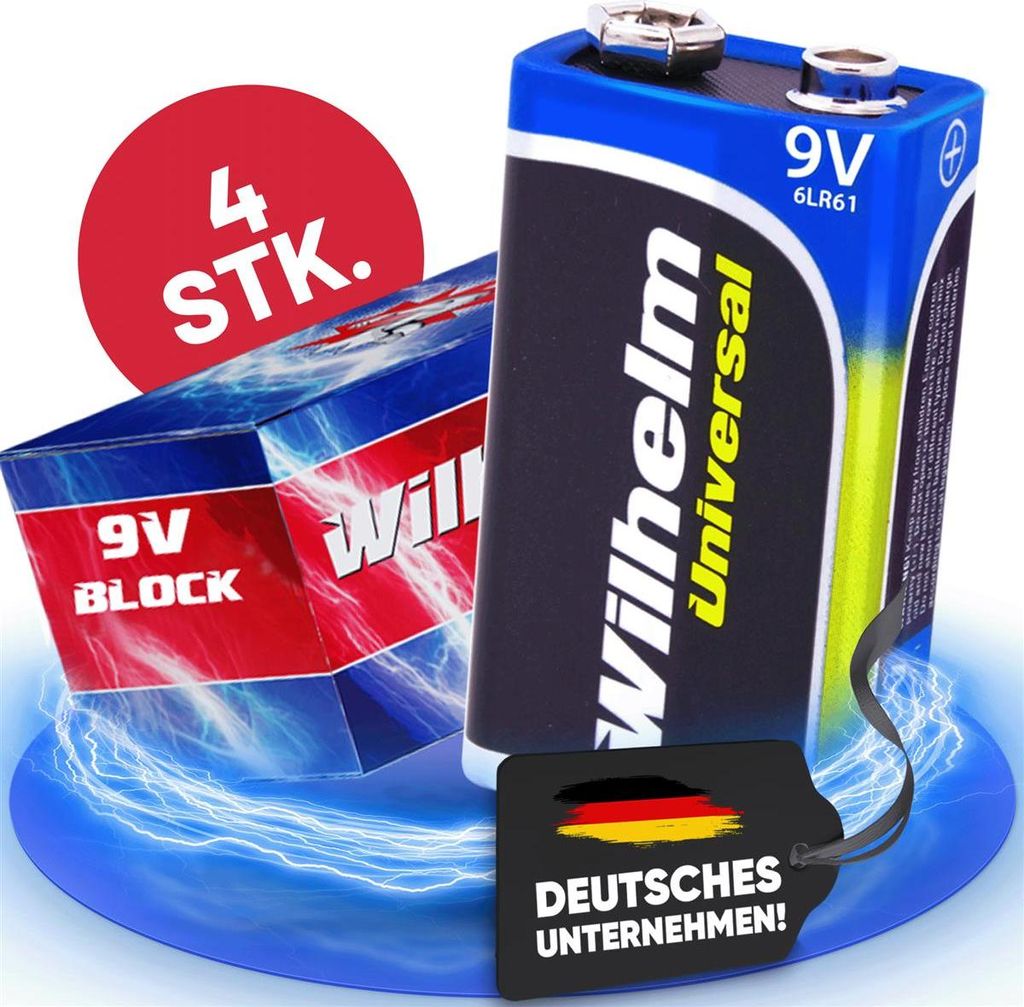 4 x Wilhelm Universal 9V Block Batterien auch für 10 Jahres Rauchmelder geeignet Longlife Blockbatterie für maximale Lebensdauer 6LR61 9 Volt
