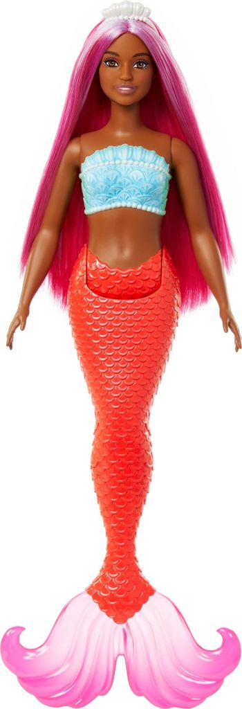 Barbie Meerjungfrau-Puppe mit fantasievollem magentafarbenem Haar und Haarband, kurvigem Körperbau, Muscheloberteil und Schwanzflosse in tropische...