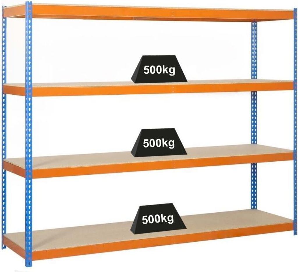 PROREGAL Schwerlastregal WOOD BEAST FOUR | HxBxT 200x210x45cm | 4 Ebenen | Fachlast 500kg | Blau-Orange | Weitspannregal Werkstattregal Lagerregal ...