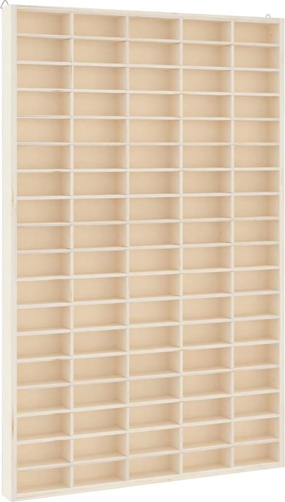 A wooden display shelf with many compartments.