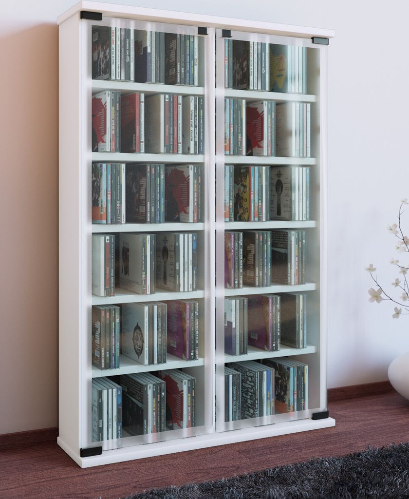 VCM CD Regal Holz | CD Schrank mit ESG-Sicherheitsglastüren für 300 CDs oder 130 DVDs 72-Videos | Maße: H. 92 x B. 60 x T. 18 cm | Elegantes DVD...