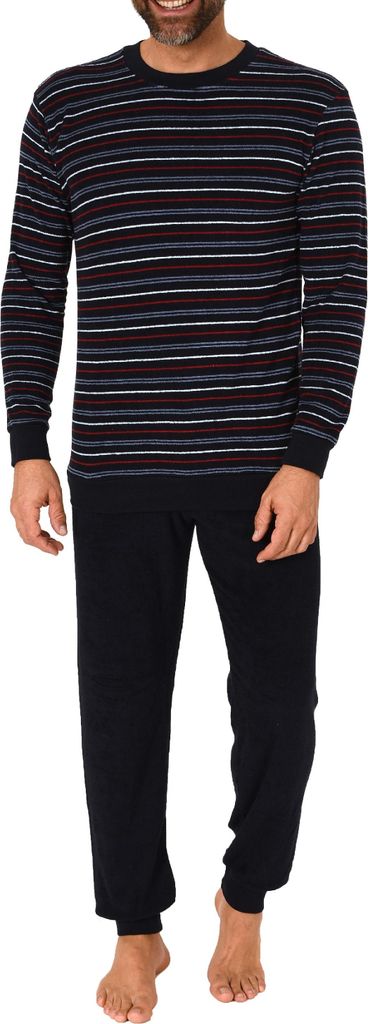 Herren Frottee Schlafanzug lang, Pyjama mit feinem Ringel-Muster - auch in Übergröße ; rot2 , 50