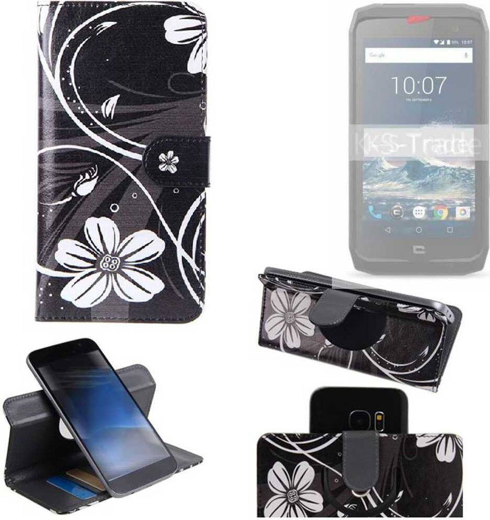K-S-Trade Schutzhülle Handyhülle kompatibel mit Crosscall Action-X3 Hülle 360° Wallet Case ''Flowers'' Klapphülle Hülle schwarz-weiß 1x