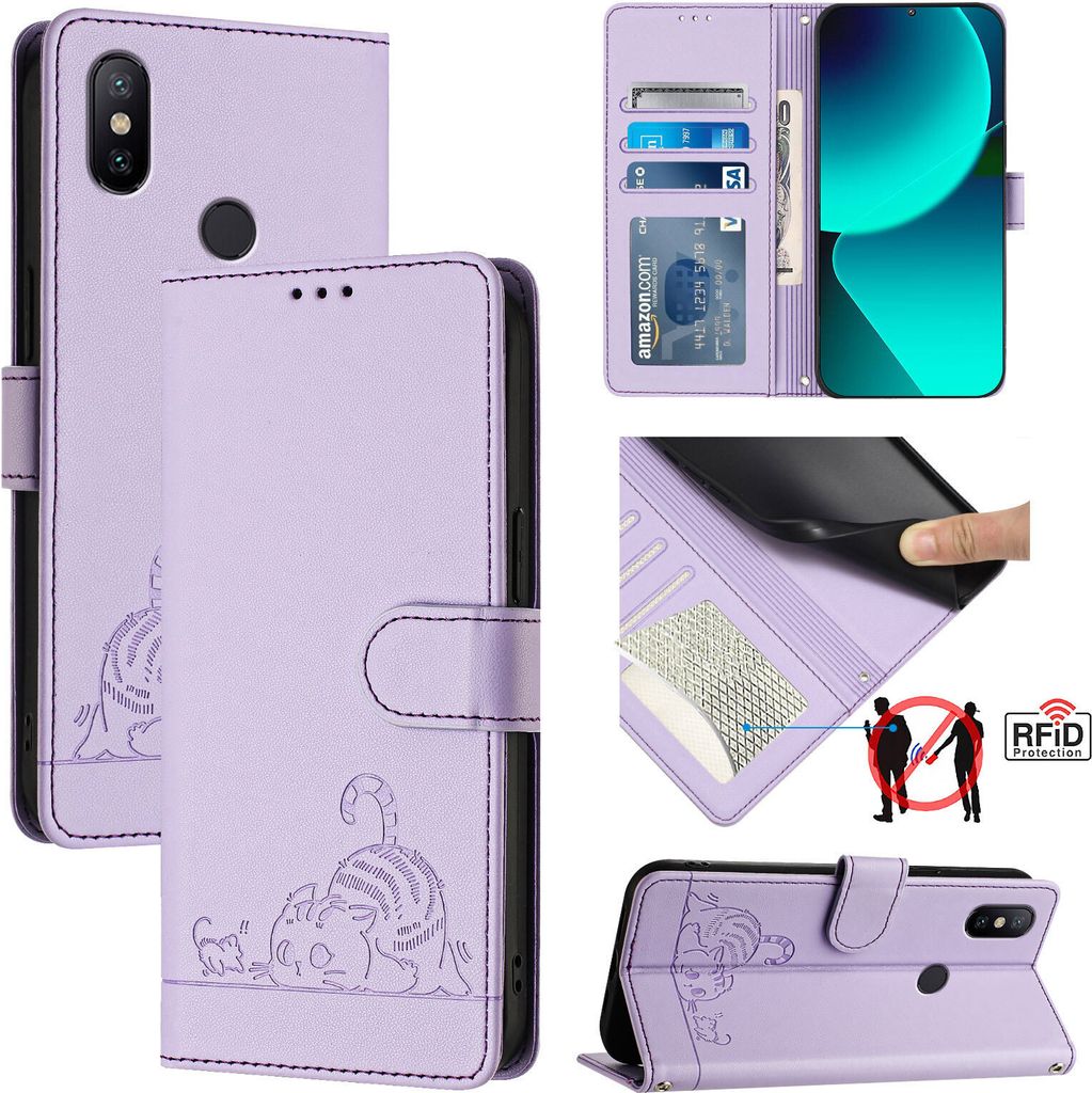 Leder Hülle für Xiaomi Mi A2 / Mi 6X Süße Katze Flip Case Brieftasche Schutzhülle mit Standfunktion Lila