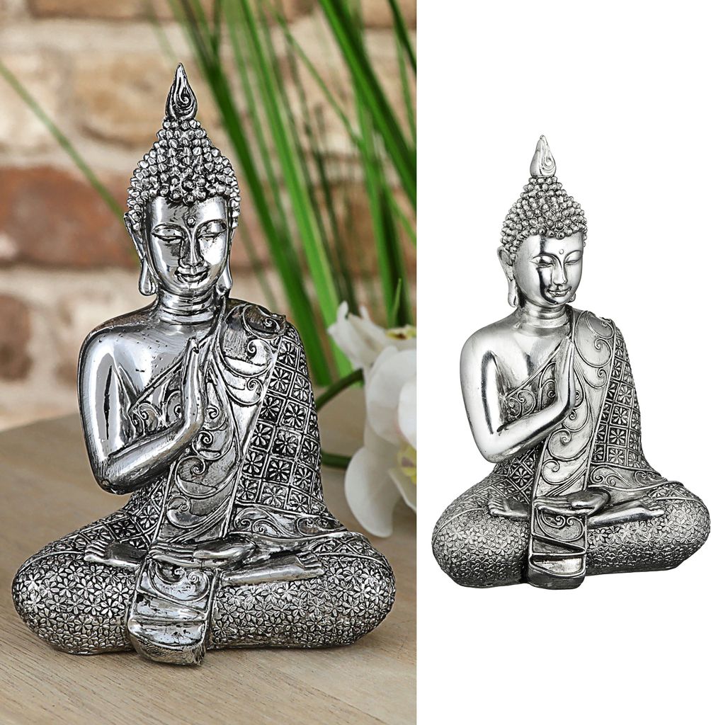 Cepewa Buddha Figur - Poyresin - Silber glanzend - 17 cm Produktbild 