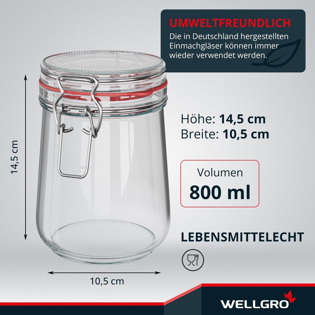 WELLGRO Einmachgläser mit Bügelverschluss rund 800ml