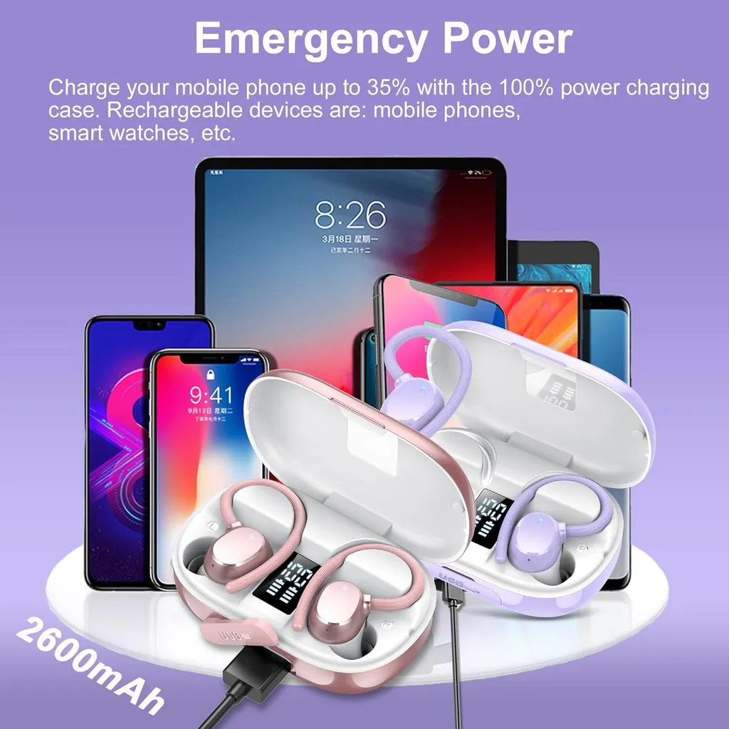 Cuffie Bluetooth sportive senza fili, batteria ricaricabile da 128 ore, Bluetooth 5.3, cancellazione del rumore ENC, bassi HiFi, impermeabilità IPX7, gancio per l'orecchio, display LED, custodia di ricarica USB-C - 6