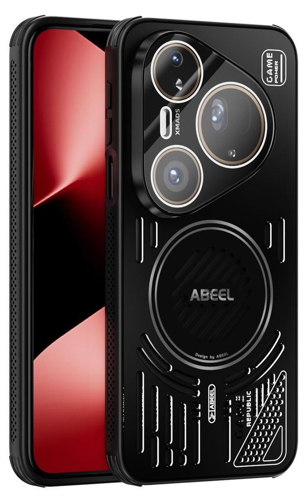 A black phone case with a camera lens cover, shown from a diagonal angle.