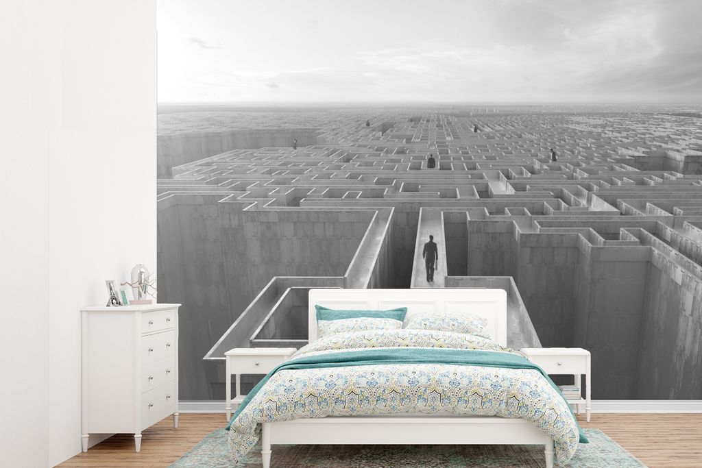MuchoWow Fototapete für Wohnzimmer oder Schlafzimmer Wandtapete Vinyl Motivtapete Ein Steinweg mit einem Labyrinth - schwarz und weiß - 415x300...