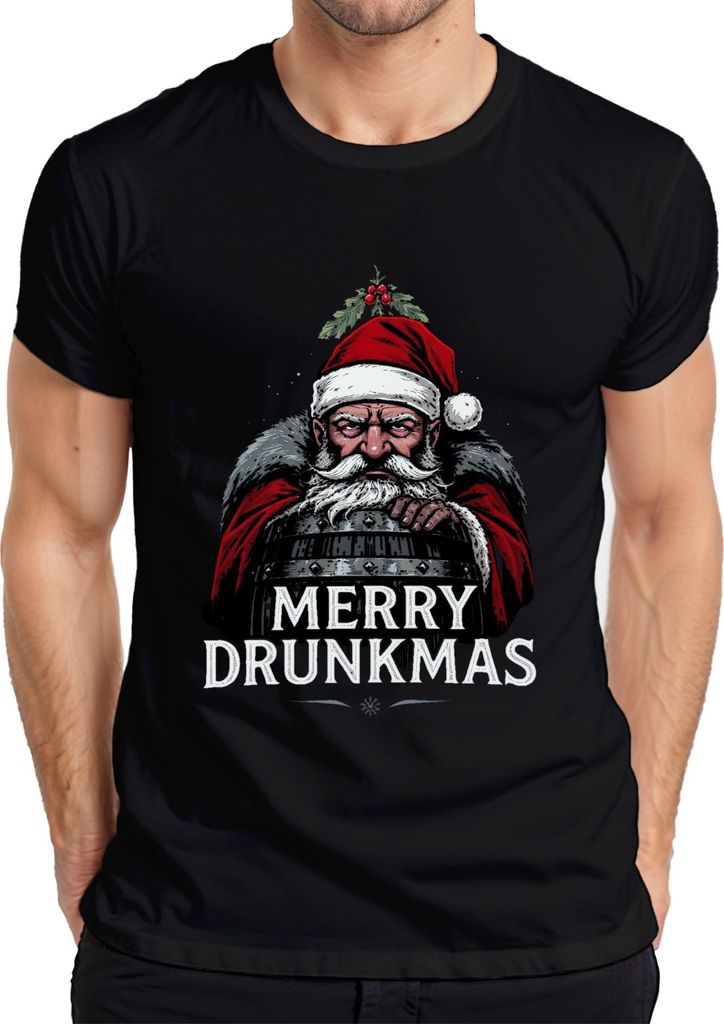 Merry Drunkmas Weihnachtsmann Bier Fass lustig Geschenk Vintage Herren T-Shirt, Schwarz, M
