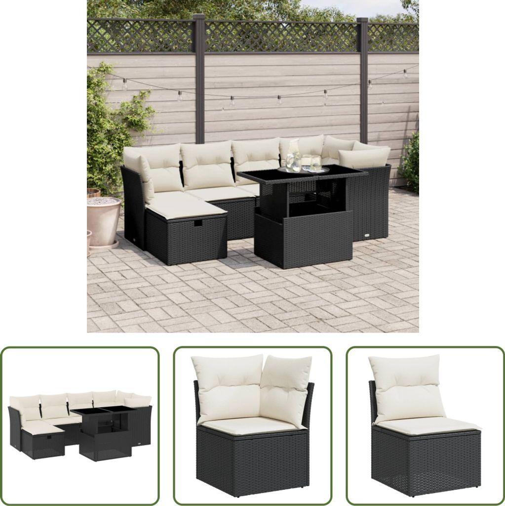 The Living Store 7-tlg. Garten-Sofagarnitur mit Kissen Schwarz Poly Rattan