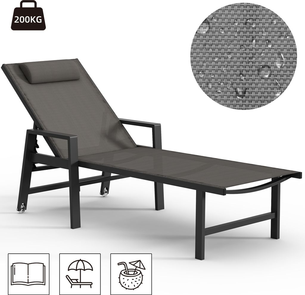 A gray aluminum sun lounger with wheels and a headrest is shown against a white background. A circular inset shows a close-up of the fabric with water droplets, indicating it is water-resistant. Icons at the bottom suggest reading, shade, and relaxation.