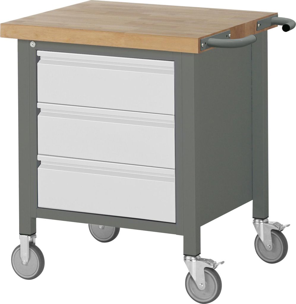 STIER Fahrbare Werkbank Premium, 3 Schubladen, 75x70x88cm, pulverbeschichteter Stahl & Buche