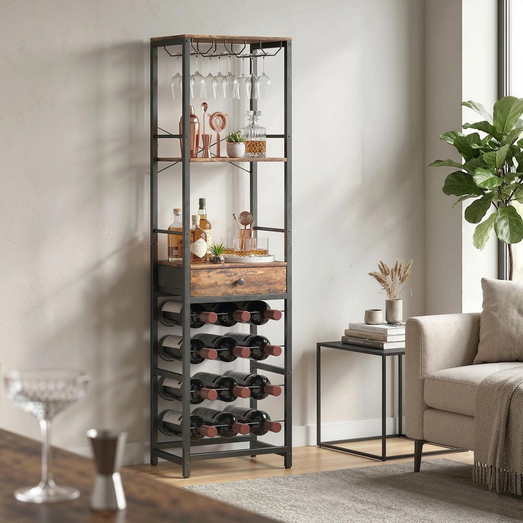 Weinbar-Schrank mit Glashalter, Barschrank Weinregal, Industriell Rustikal, Spanplatte Metall, Braun | 40 x 30 x 148 cm | 12 Flaschen | 10 kg