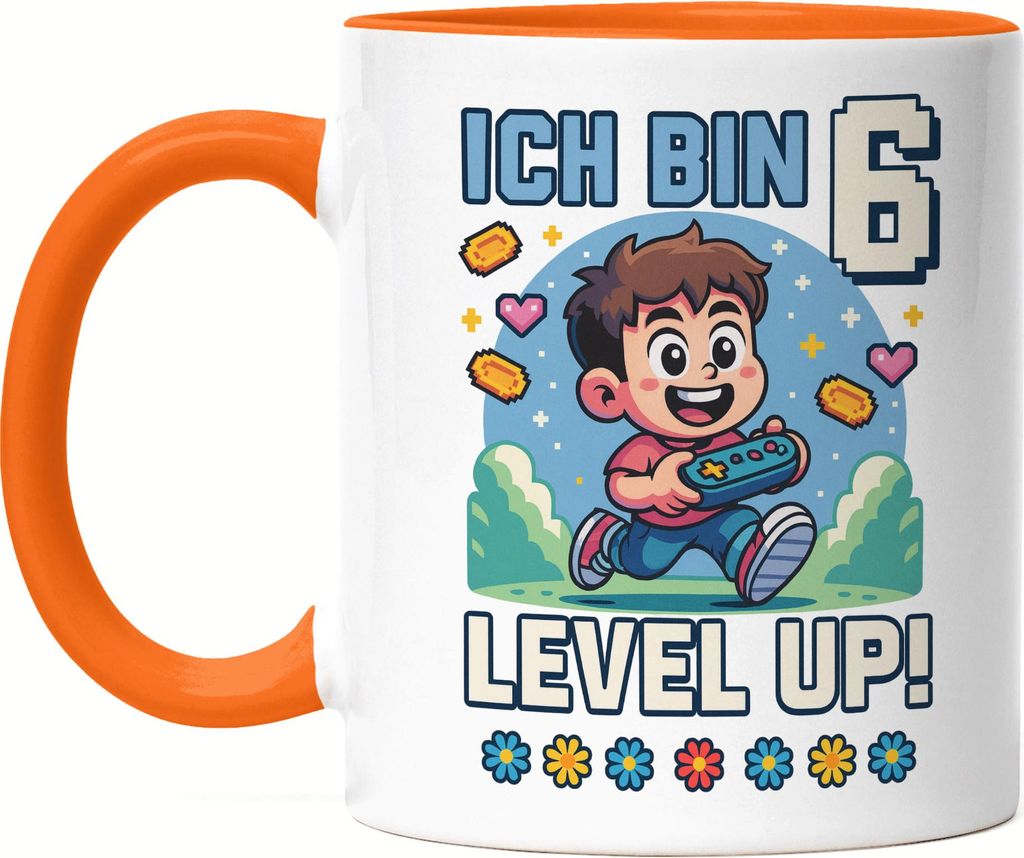Ich bin 6 Level Up Tasse Orange Geschenkidee Kindergeburtstag Gamer Junge Mädchen 6 Jahre