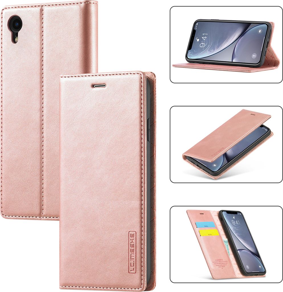 iPhone XR Hülle, Standfunktion Kartenfach Wallet Leder Schutzhülle für iPhone XR Pink