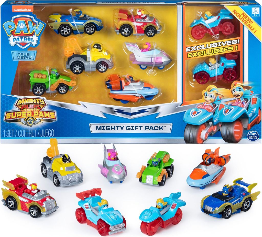 A gift pack of Paw Patrol Mighty Super Paws toy vehicles, displayed in its original packaging and also shown outside of the packaging.