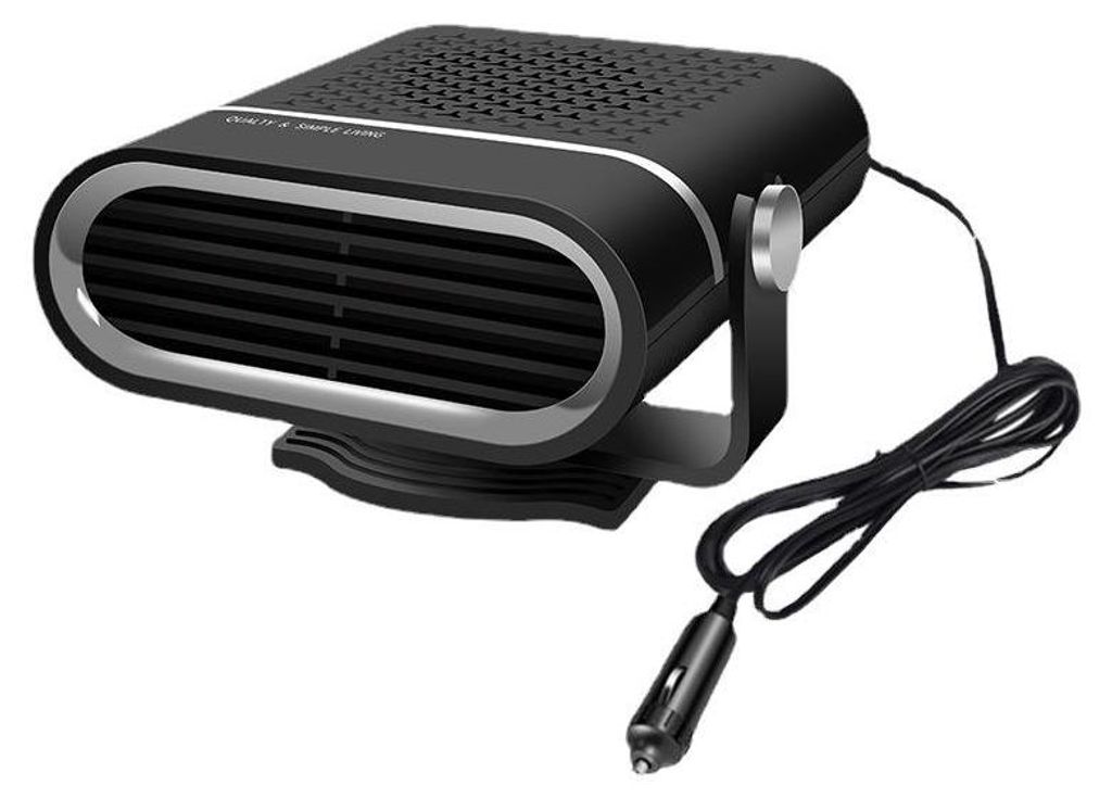 A black car heater with a silver trim and a black power cord with a car cigarette lighter plug.