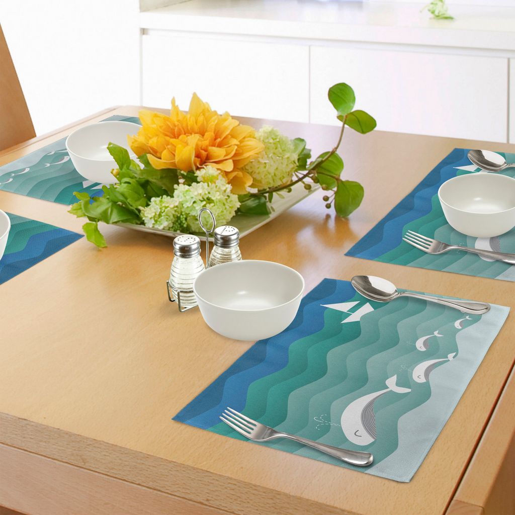 ABAKUHAUS Nautisch Platzmatten, Seethema mit Papierboot-Meer-glücklichen Delphinen Unterwassermeerestieren, Tiscjdeco aus Farbfesten Stoff für da...
