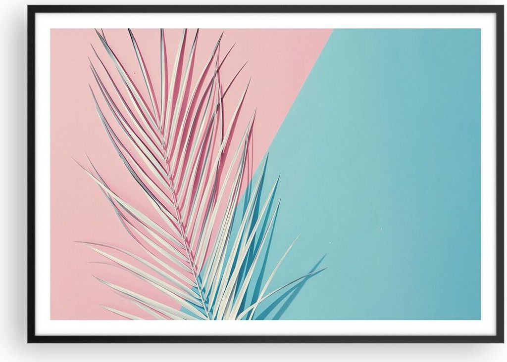 Gerahmtes Poster - Schwarzer Rahmen - Blatt Rosa Türkis - 100x70 cm - Wand Bild - Wanddeko - Wandbilder - Kunstposter - Wandposter - Bilderrahmen ...