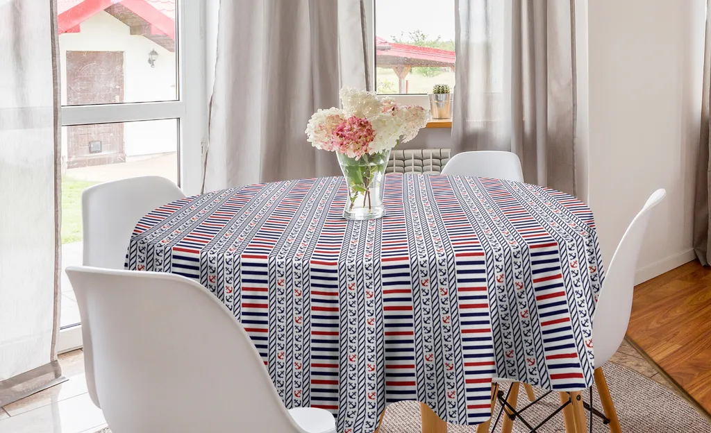 ABAKUHAUS Tovaglia rotonda in stile nautico, motivo a righe blu navy, tovaglia circolare per sala da pranzo e cucina, 150 cm, blu notte e arancione