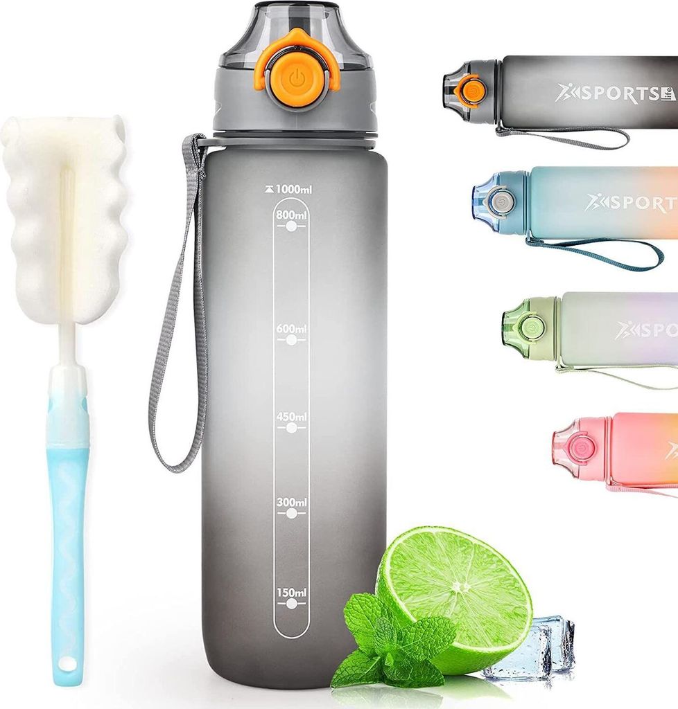 Sportflasche 1l 1 Liter Wasserflasche mit Verschluss und auslaufsicherem Deckel, wiederverwendbare Kunststoffflasche für Sport, Schule, Radfahren,...