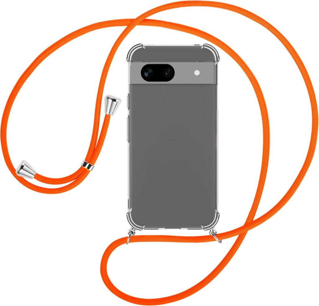 Handykette Backcover-Schutzhülle mit Band (Metall silberfarben) für Google Pixel 8A (6.1'') - neonorange