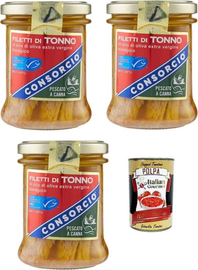 Consorcio Thunfischfilets in Native Extra Olivenöl, Fisch mit Fass gefangen, 3x 195g + Italian Gourmet polpa 400g
