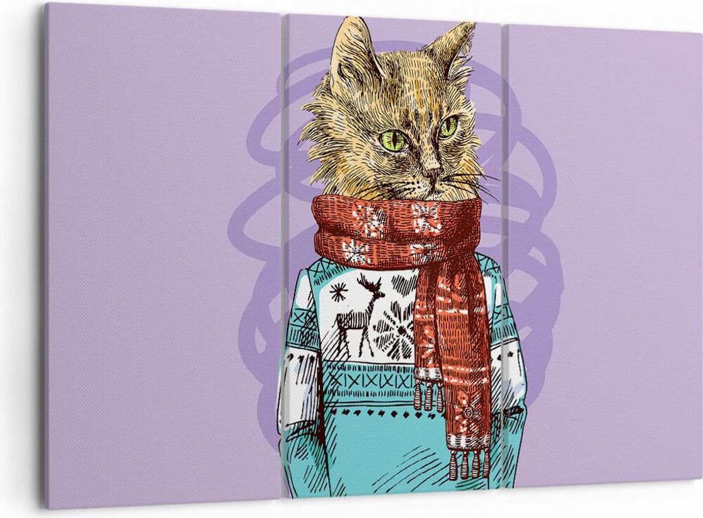 Bild auf Leinwand - Leinwandbild - Katze Schal Illustration hipster - 105x70cm - Wand Bild - Wanddeko - Leinwanddruck - Bilder - Kunstdruck - Leinw...