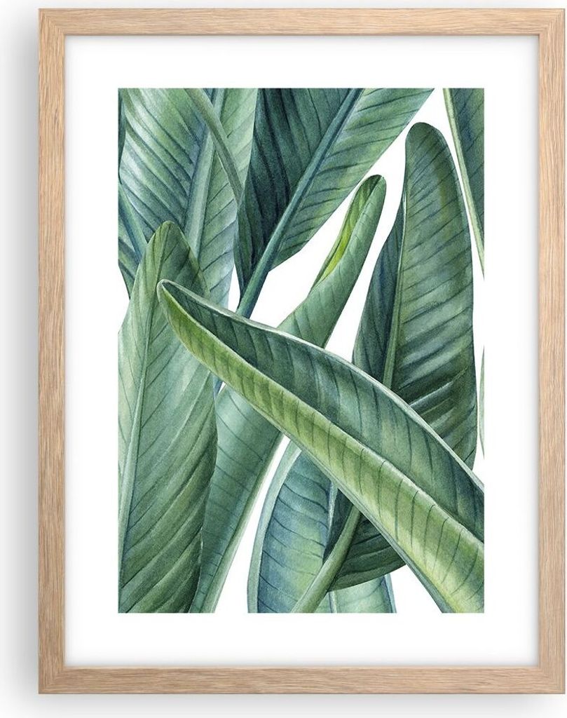 Gerahmtes Poster - Rahmen in heller Eiche - Exotisch Blätter Grün - 30x40 cm - Wand Bild - Wanddeko - Wandbilder - Wandposter - Bilderrahmen - Bi...