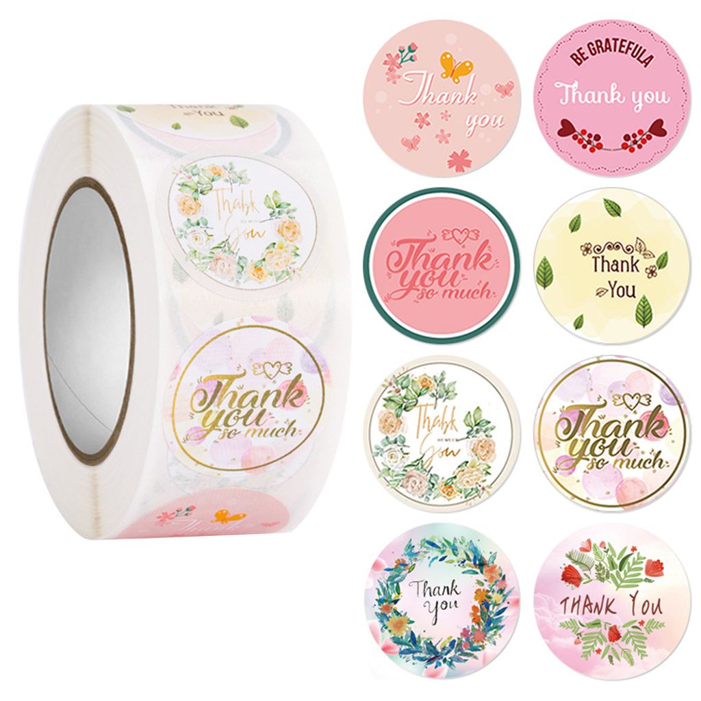 500pc/Roll selbstklebende abnehmbare Scrapbooking-Aufkleber Dank an Buchstaben Print Blume Form Geschenkverpackungsaufkleber-F