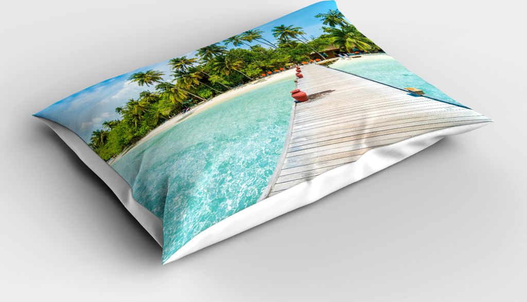 ABAKUHAUS Tropisch Kopfkissenbezug, Malediven-Insel mit Strand-hölzernen Plattform-Palmen exotischen Feiertags-Bild, 40x80 cm, Farngrün Türkis