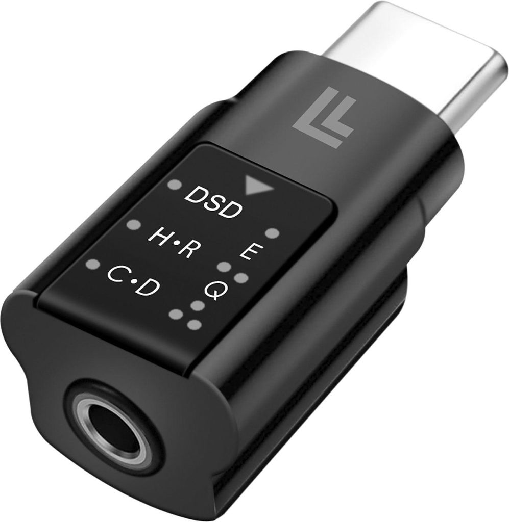 A black USB-C to 3.5mm audio adapter with indicator lights and text labels.