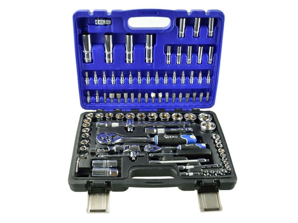 BSD Mechanik Werkzeugset - Steckschlüssel Satz, Stecknüsse 6-Kant - Schraubendreher Bit Set - 1/4” und 1/2” Umschaltknarre - Adapter - 94 Teilig