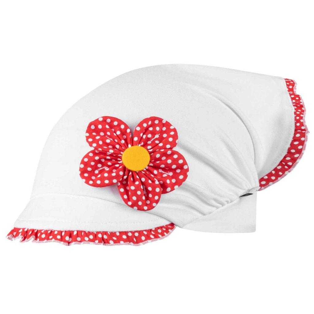 Mädchen Mütze Kopftuch Sommermütze Schirmmütze Punkte Blumen, Weiß-Hellrot, Gr. 42-44
