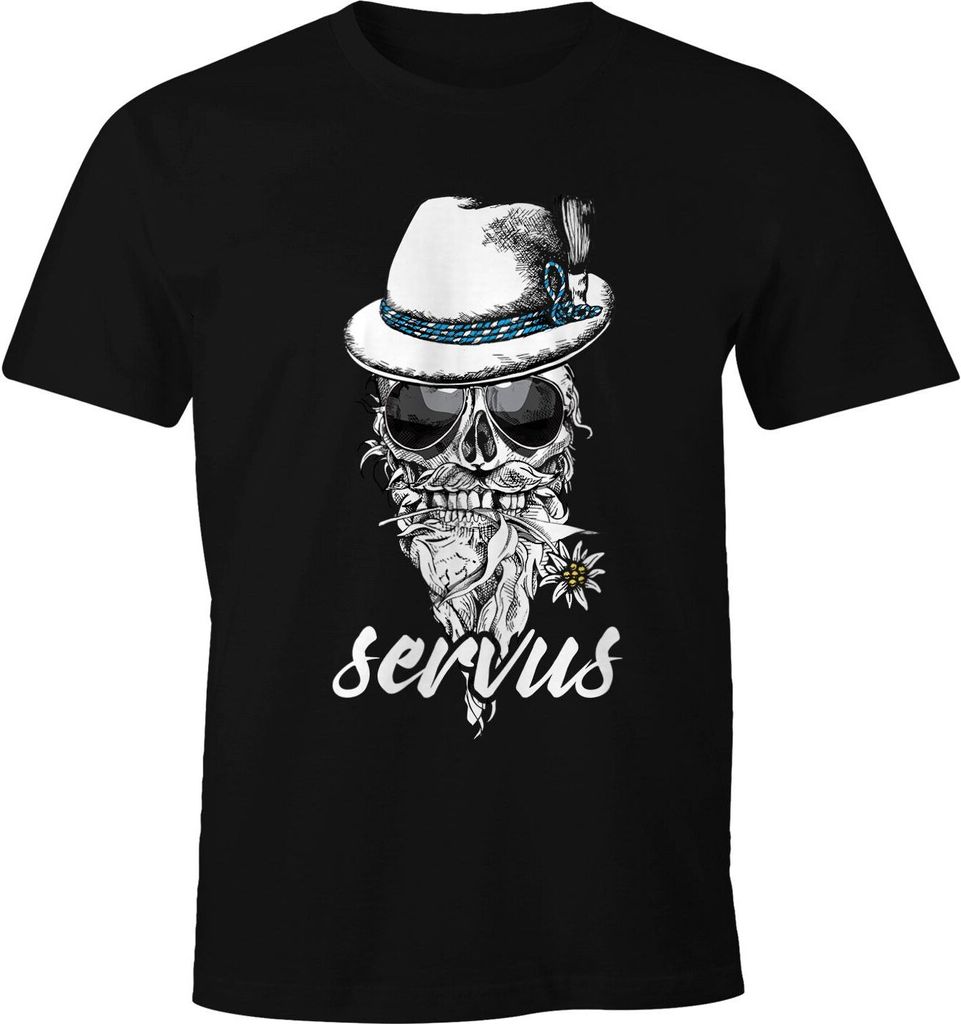 Herren T-Shirt Totenkopf Filzhut Bayern Skull Blume servus Fun-Shirt Moonworks schwarz 4XL
