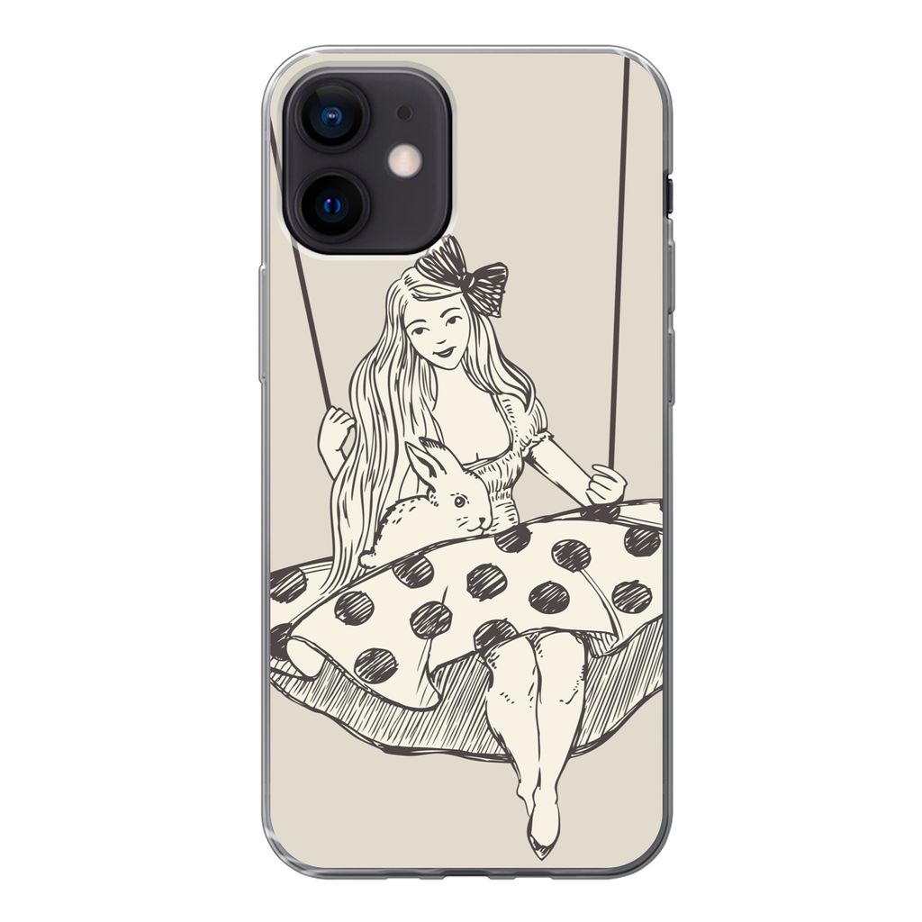 MuchoWow Handyhülle Schutzhülle Hülle für iPhone 12 Mädchen in gepunktetem Kleid mit Kaninchen Silikon Softcase Handy Hülle - Schutzhülle