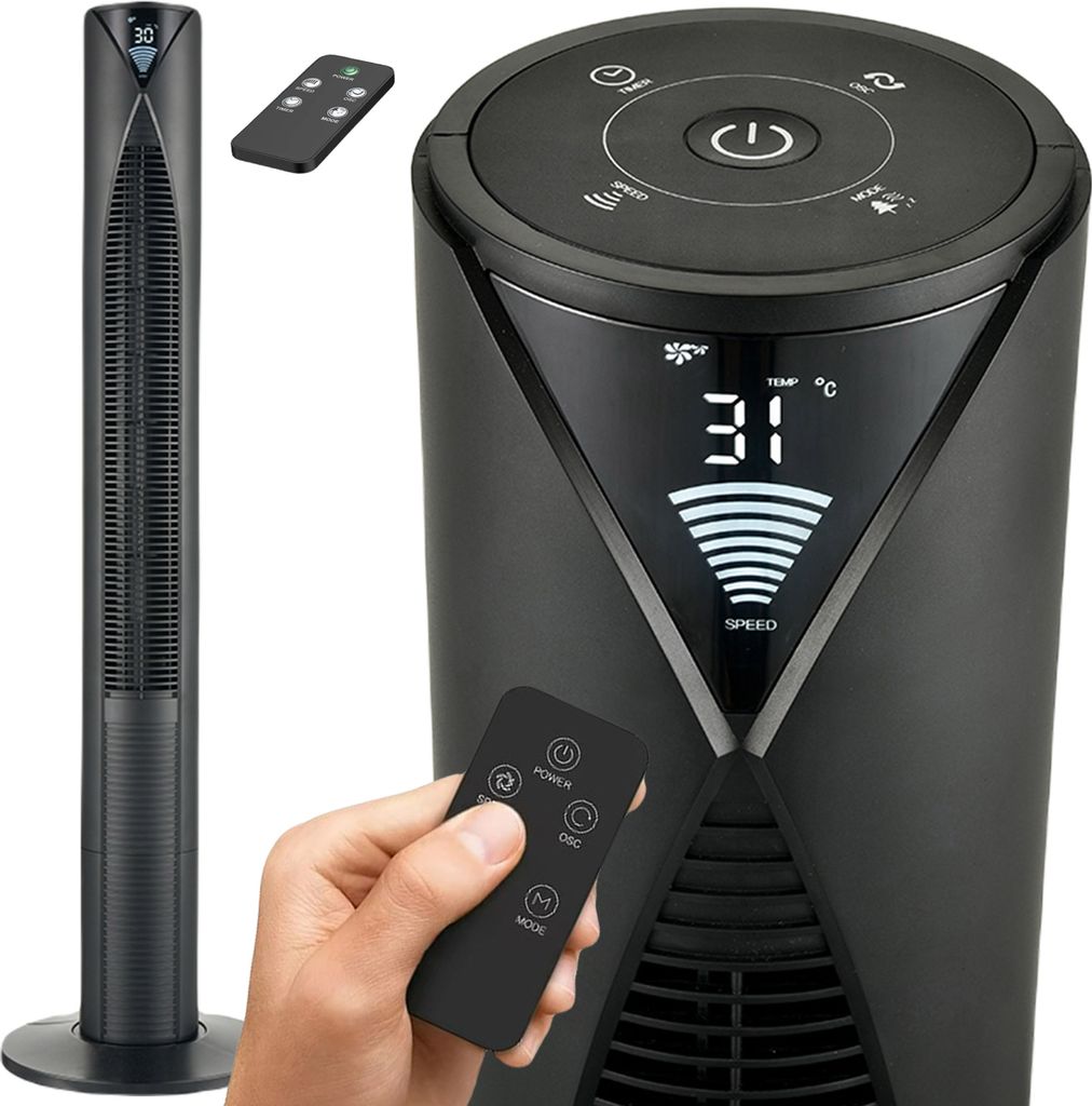 A collage showing a black tower fan, a close-up of its control panel with a digital display, and a hand holding a remote control.