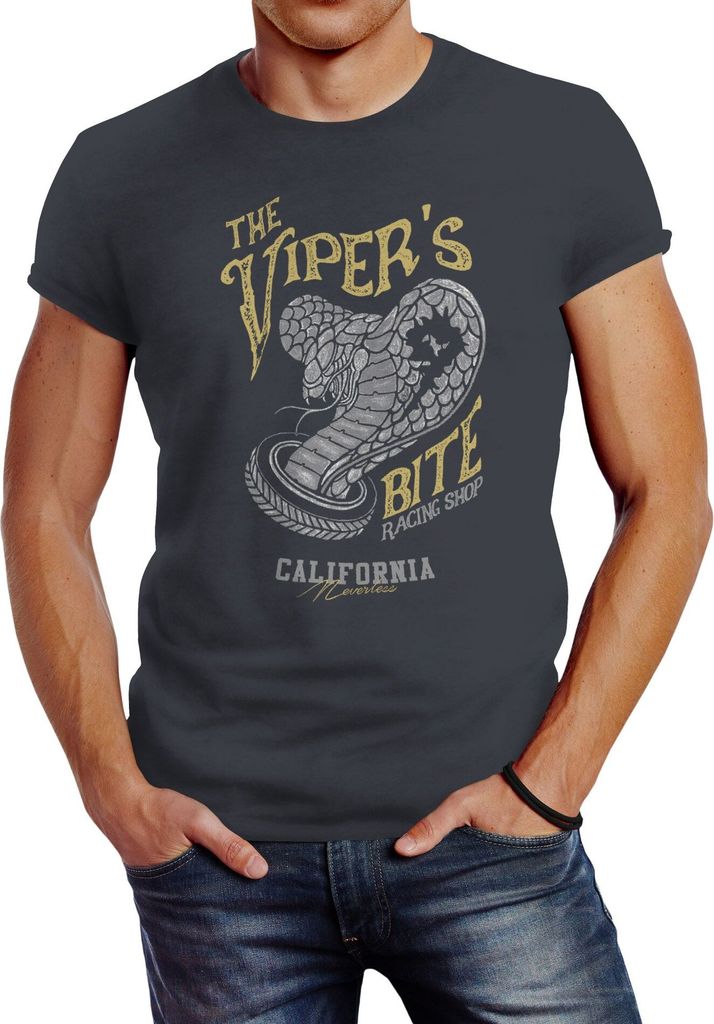 Herren T-Shirt The Vipers Bite Racing Shop California Klapperschlange Tatto Style Slim Fit Neverless dunkelgrau S