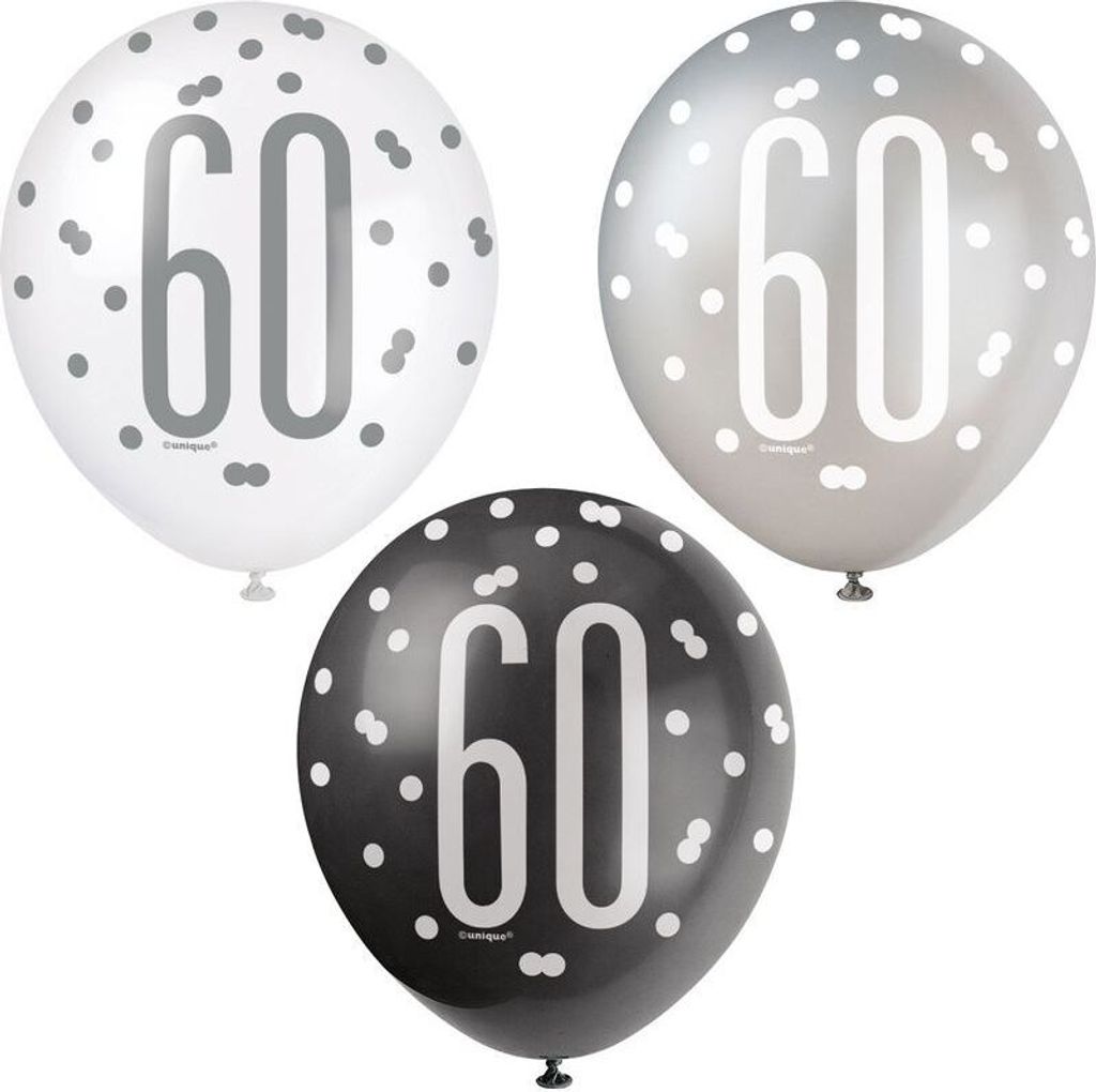6 Luftballons schwarz & silber Zahl 60