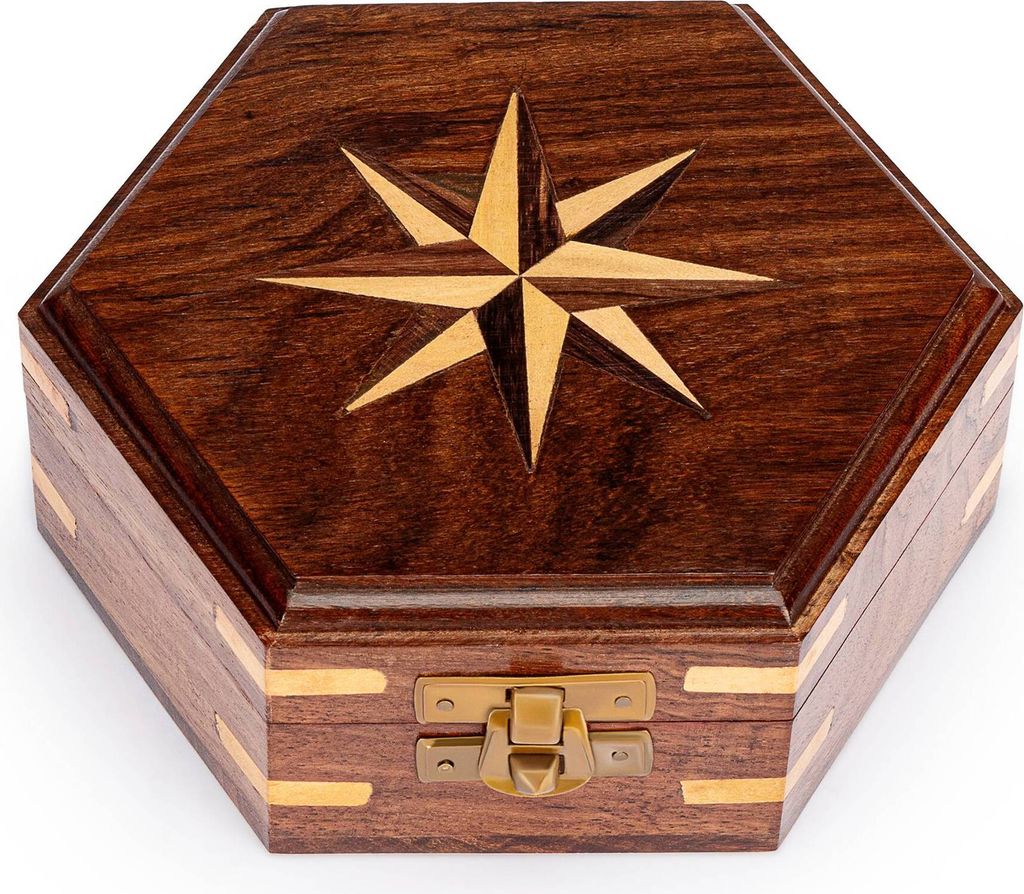 Maritim Holzbox sechseckig mit Windrose Inlay aus Holz und Produktbild 