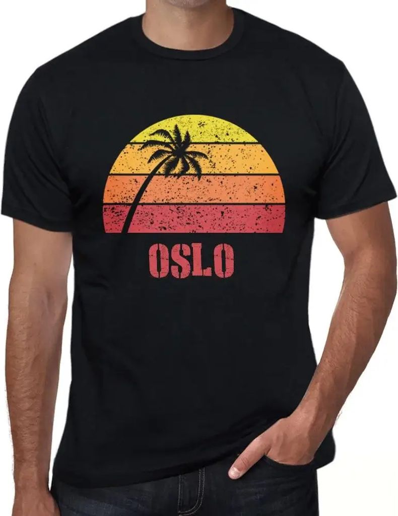Herren Grafik T-Shirt Palme Strand Sonnenuntergang in Oslo – Palm, Beach, Sunset In Oslo – Öko-Verantwortlich Vintage Jahrgang Kurzarm Lustige...