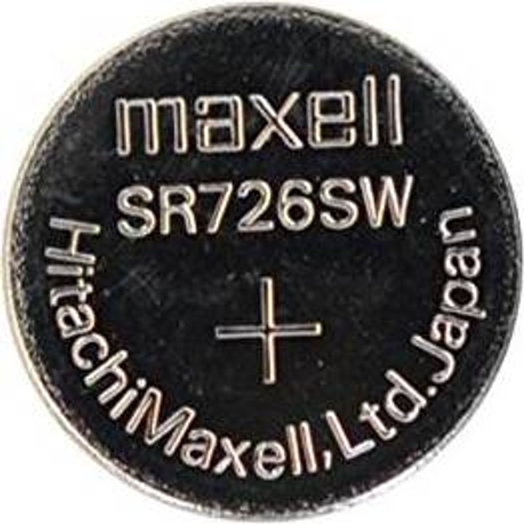 A close-up view of a Maxell SR726SW button cell battery.