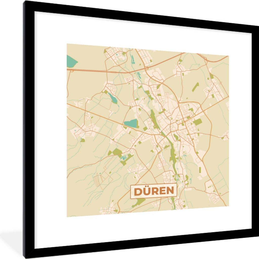 MuchoWow Gerahmtes Poster Karte - Düren - Karte - Vintage - Stadtplan 40x40 cm - Poster mit Schwarzem Bilderrahmen Wandposter Rahmen Foto Bilder...
