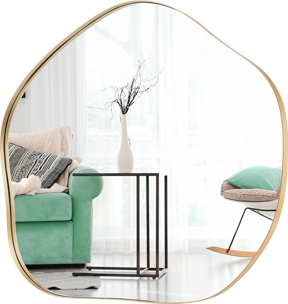 Wandspiegel in asymmetrischer Form, moderner Schminkspiegel mit HD-Spiegel & robuster Rahmen, Dekospiegel mit 2 Befestigungsmöglichkeiten, gold