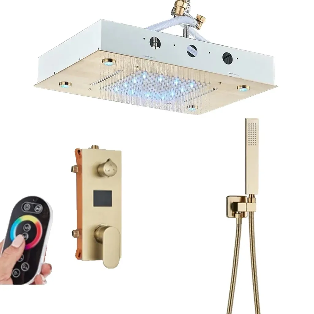 Douche effet pluie LED or brossé : le confort thermostatique avec télécommande