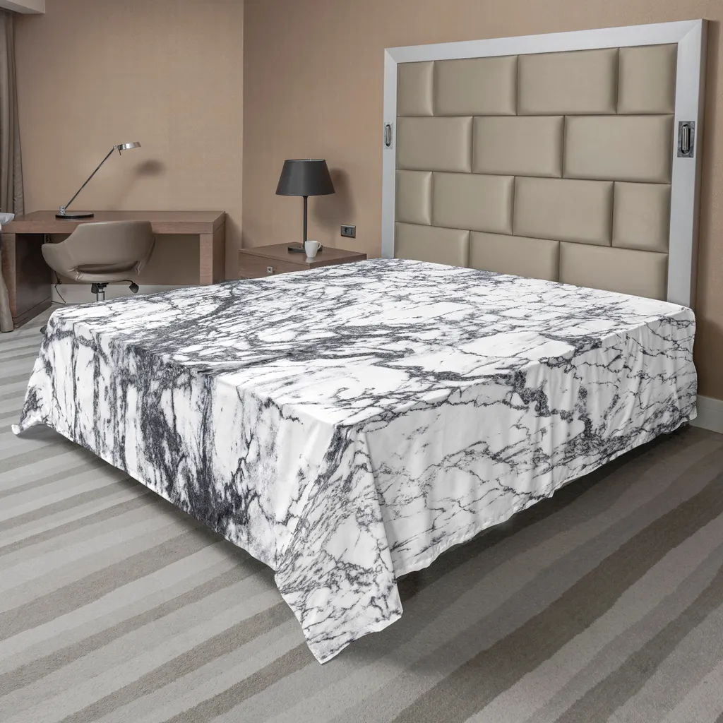Drap plat anti-plis et doux 275x260 cm, motif marbre gris pour grand lit