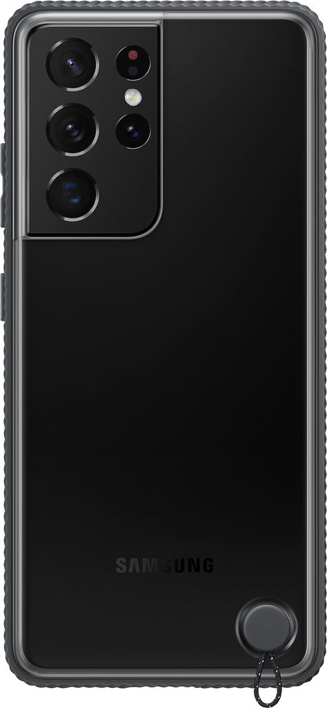 A black Samsung Galaxy S21 Ultra phone case with a camera bump and a strap attachment.