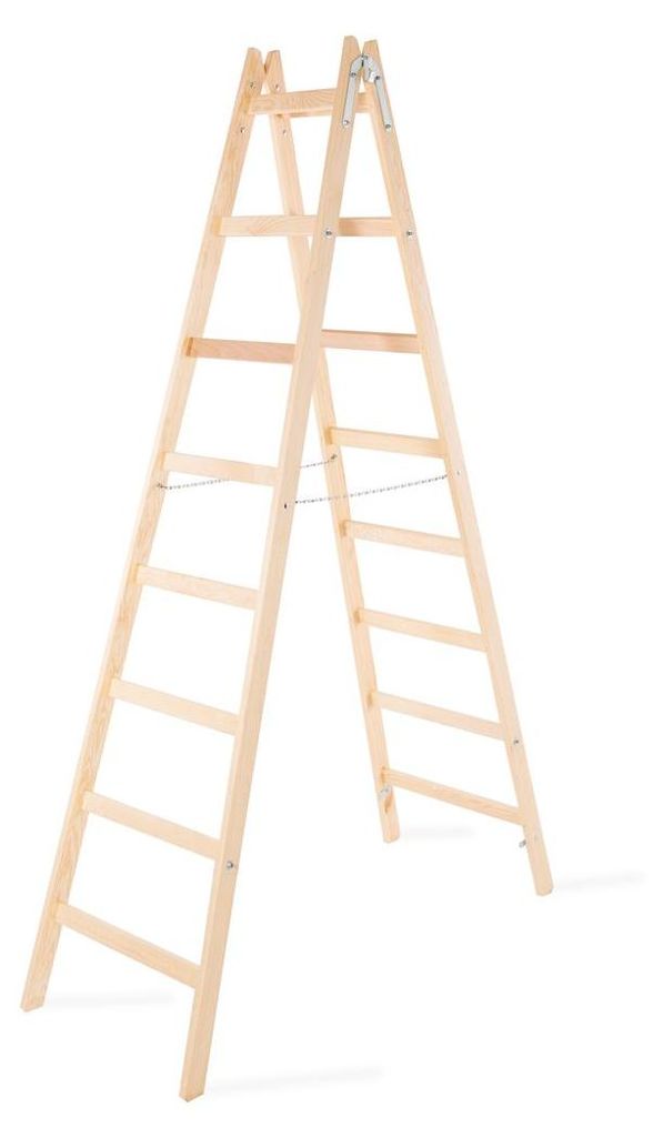 Wood Double Giraffe Holz-Sprossen-Stehleiter mit Sicherheitskette | 2x8 Sprossen | 256cm hoch | Leiter, Trittleiter, Bockleiter, Sprossen-Doppellle...