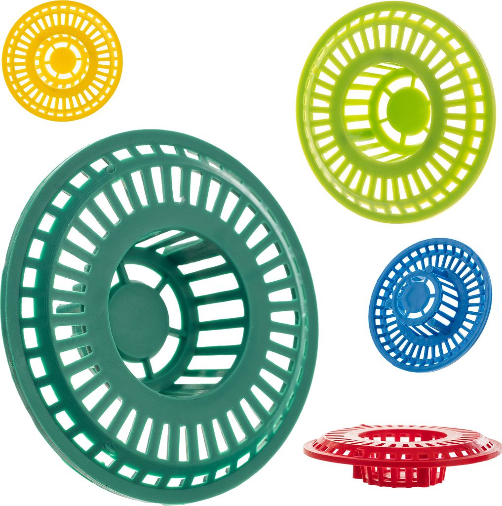A collection of colorful sink strainers arranged on a white background.